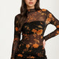 Sheer Black Mesh Top with Burnt Orange Floral Print