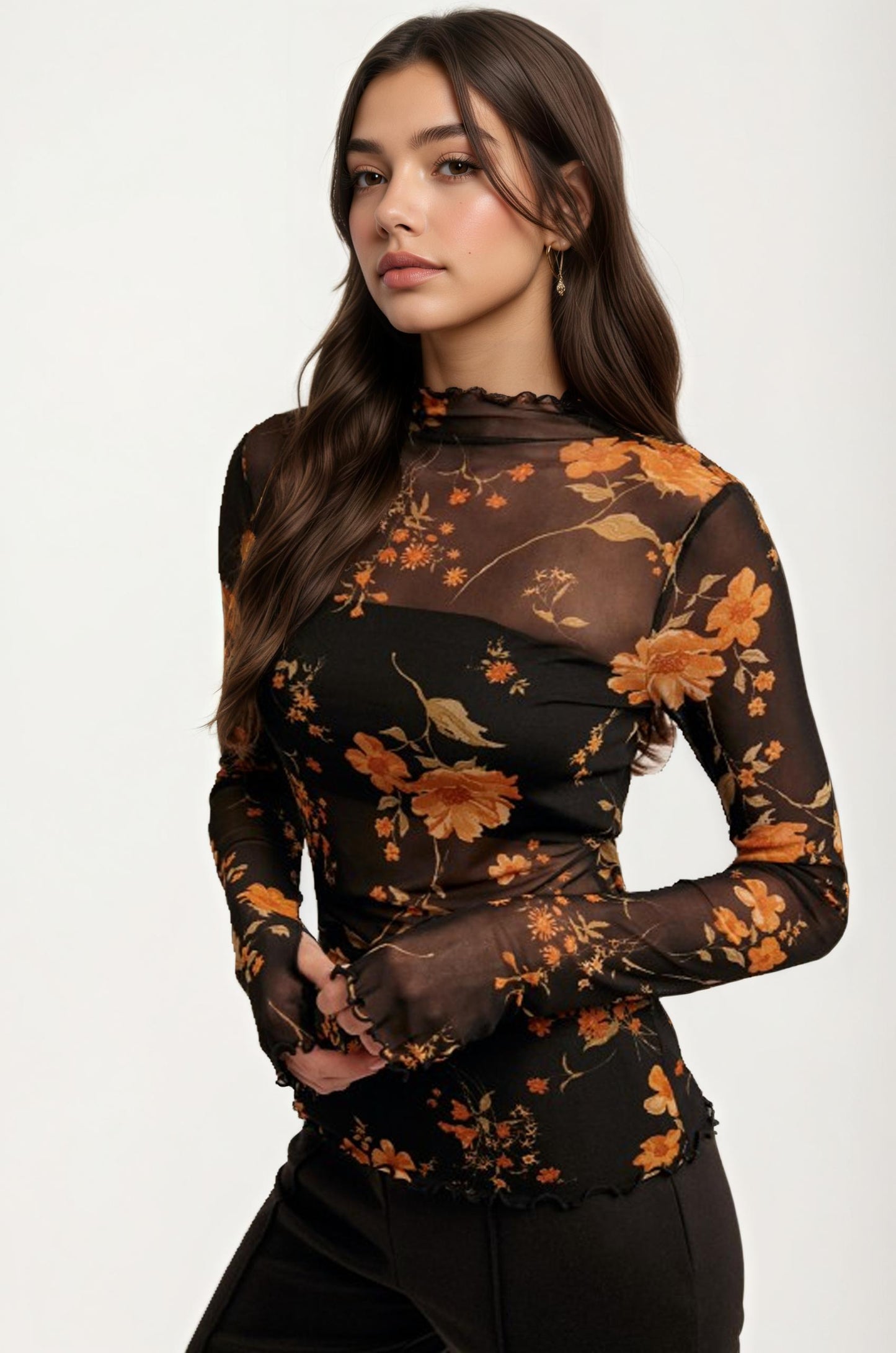 Sheer Black Mesh Top with Burnt Orange Floral Print