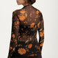 Sheer Black Mesh Top with Burnt Orange Floral Print