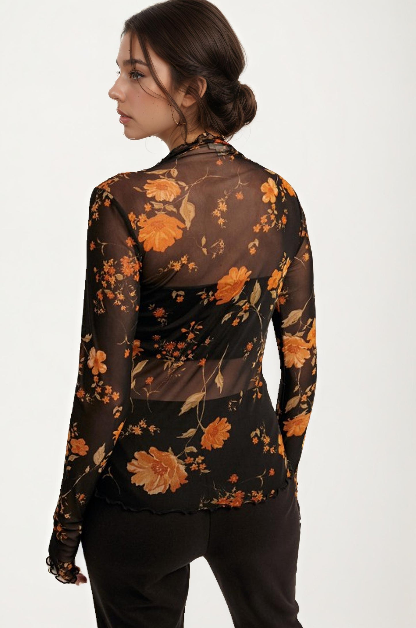 Sheer Black Mesh Top with Burnt Orange Floral Print