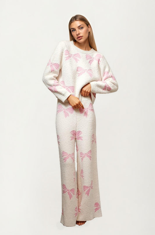Ivory Knit Set with Pink Bow Motif