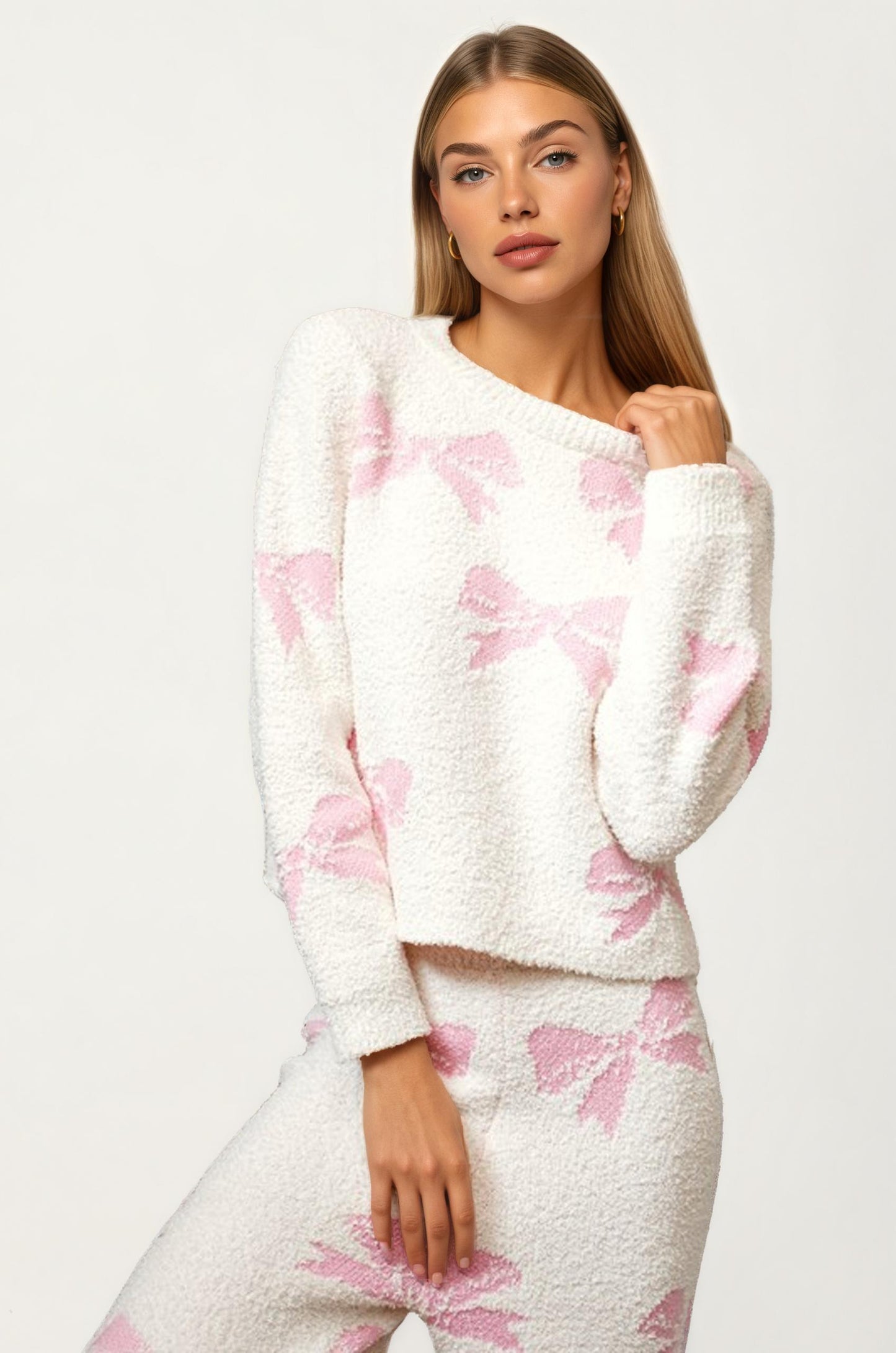 Ivory Knit Set with Pink Bow Motif