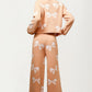 Cozy Peach Bow Print Lounge Set with Long Sleeve Top and Pants