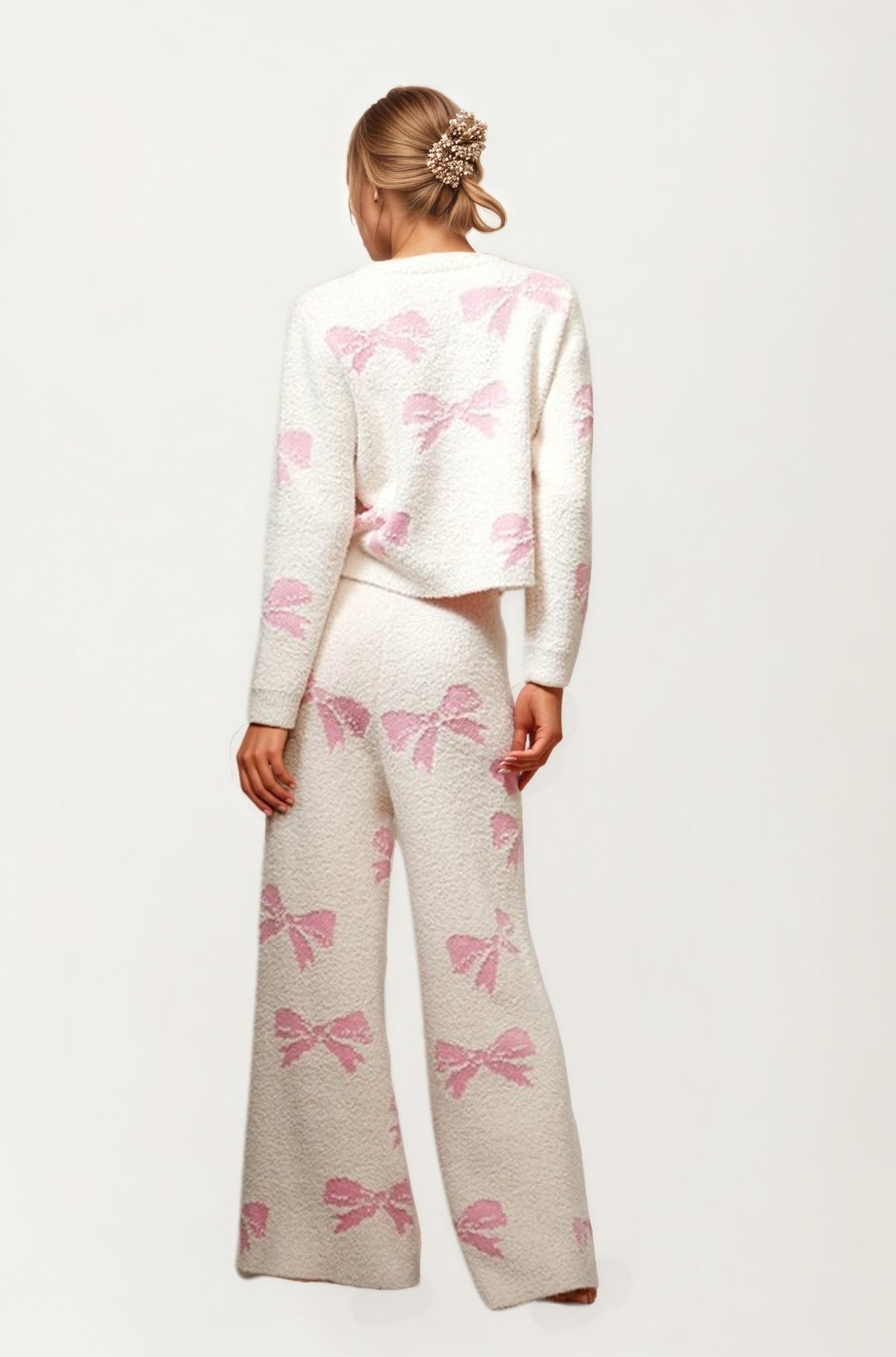 Ivory Knit Set with Pink Bow Motif
