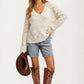 Ivory Pointelle Knit V-Neck Pullover Sweater with Relaxed Fit