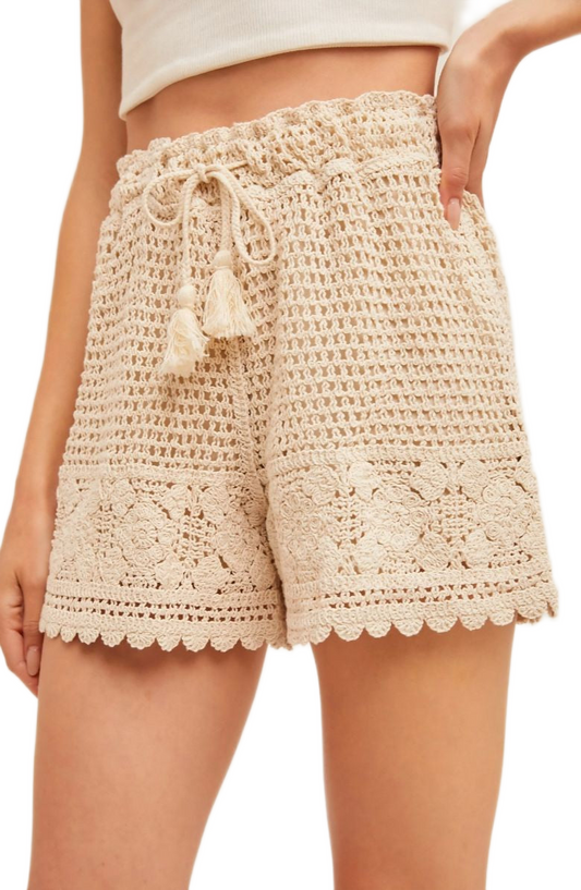 Beige Crochet Drawstring Shorts