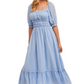 Puff Sleeve Square Neck Midi Dress with Tiered Skirt and Ruffle Trim