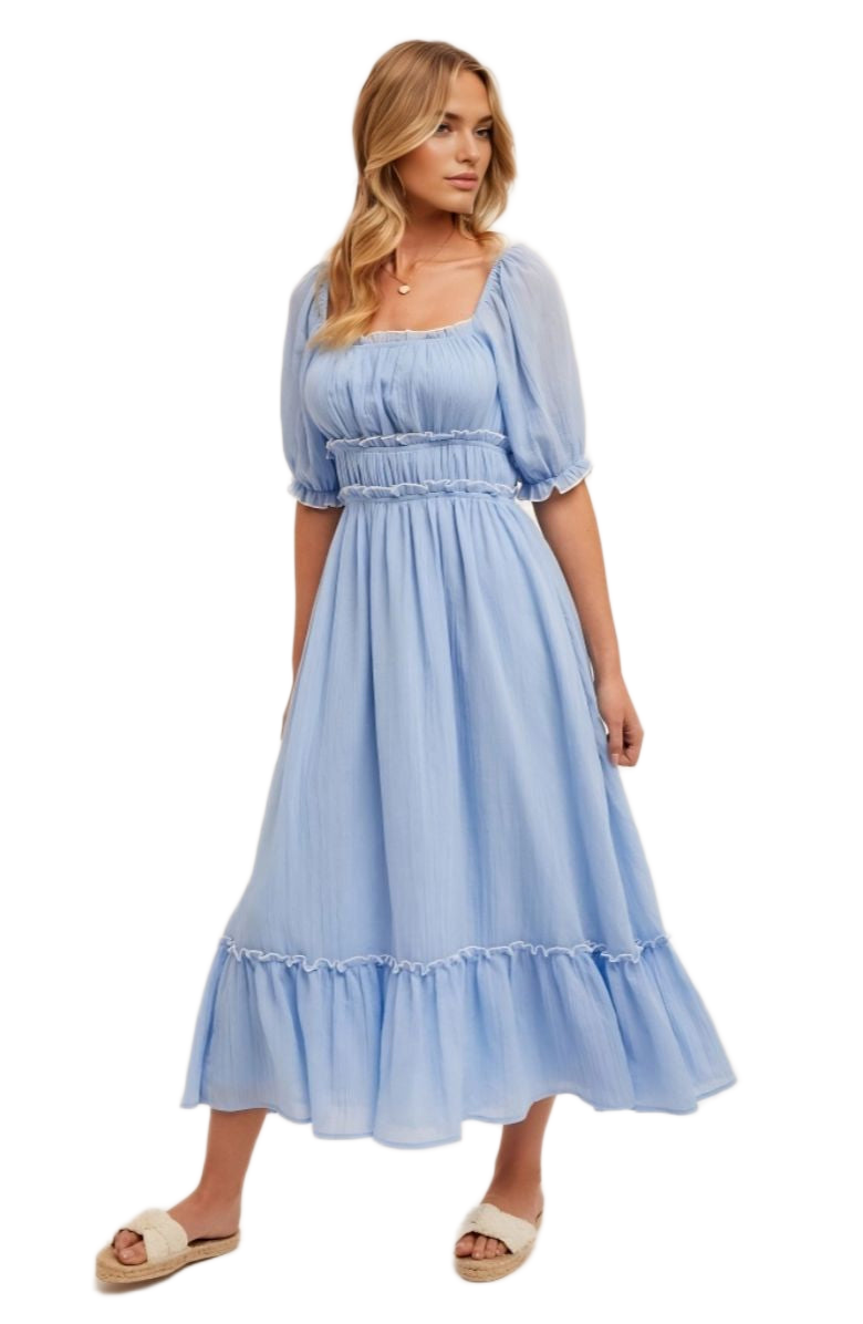 Puff Sleeve Square Neck Midi Dress with Tiered Skirt and Ruffle Trim