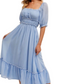 Puff Sleeve Square Neck Midi Dress with Tiered Skirt and Ruffle Trim