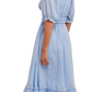Puff Sleeve Square Neck Midi Dress with Tiered Skirt and Ruffle Trim