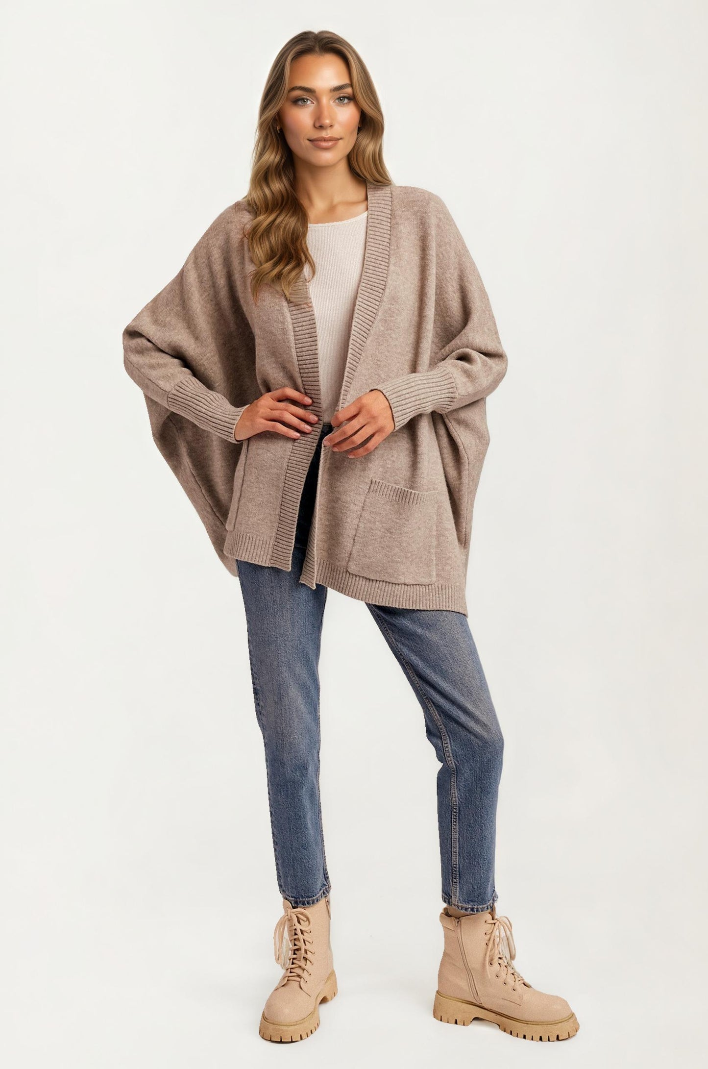 Cozy Open Front Cardigan with Ribbed Trim and Patch Pockets