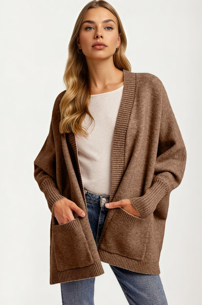 Cozy Open Front Cardigan with Ribbed Trim and Patch Pockets