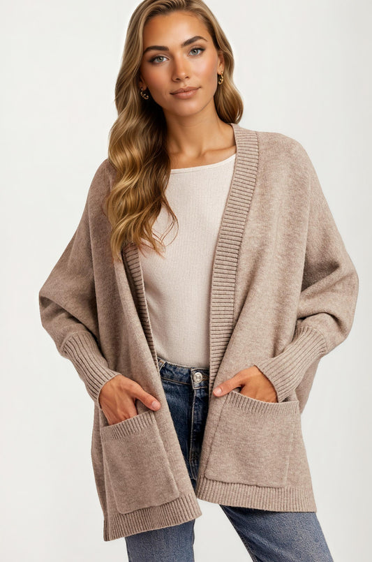 Cozy Open Front Cardigan with Ribbed Trim and Patch Pockets