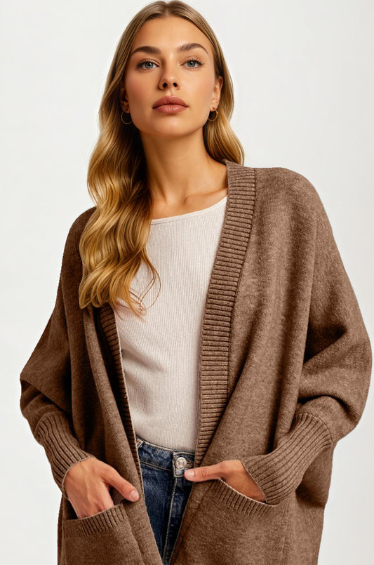 Cozy Open Front Cardigan with Ribbed Trim and Patch Pockets