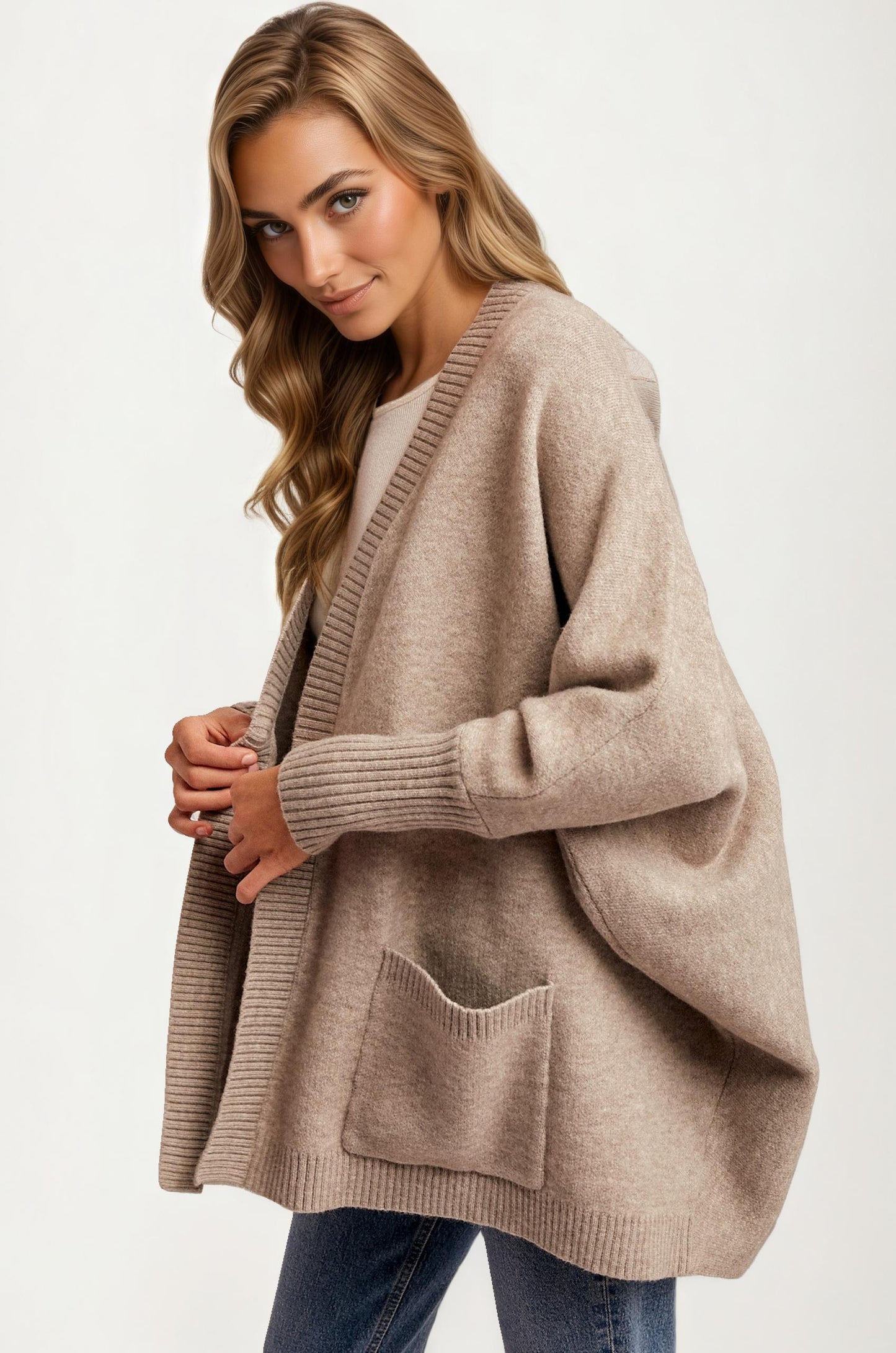 Cozy Open Front Cardigan with Ribbed Trim and Patch Pockets