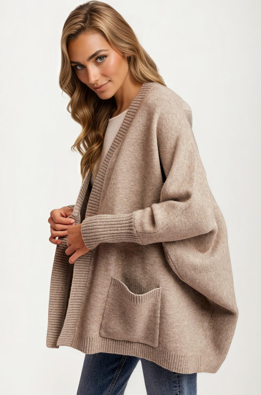 Cozy Open Front Cardigan with Ribbed Trim and Patch Pockets