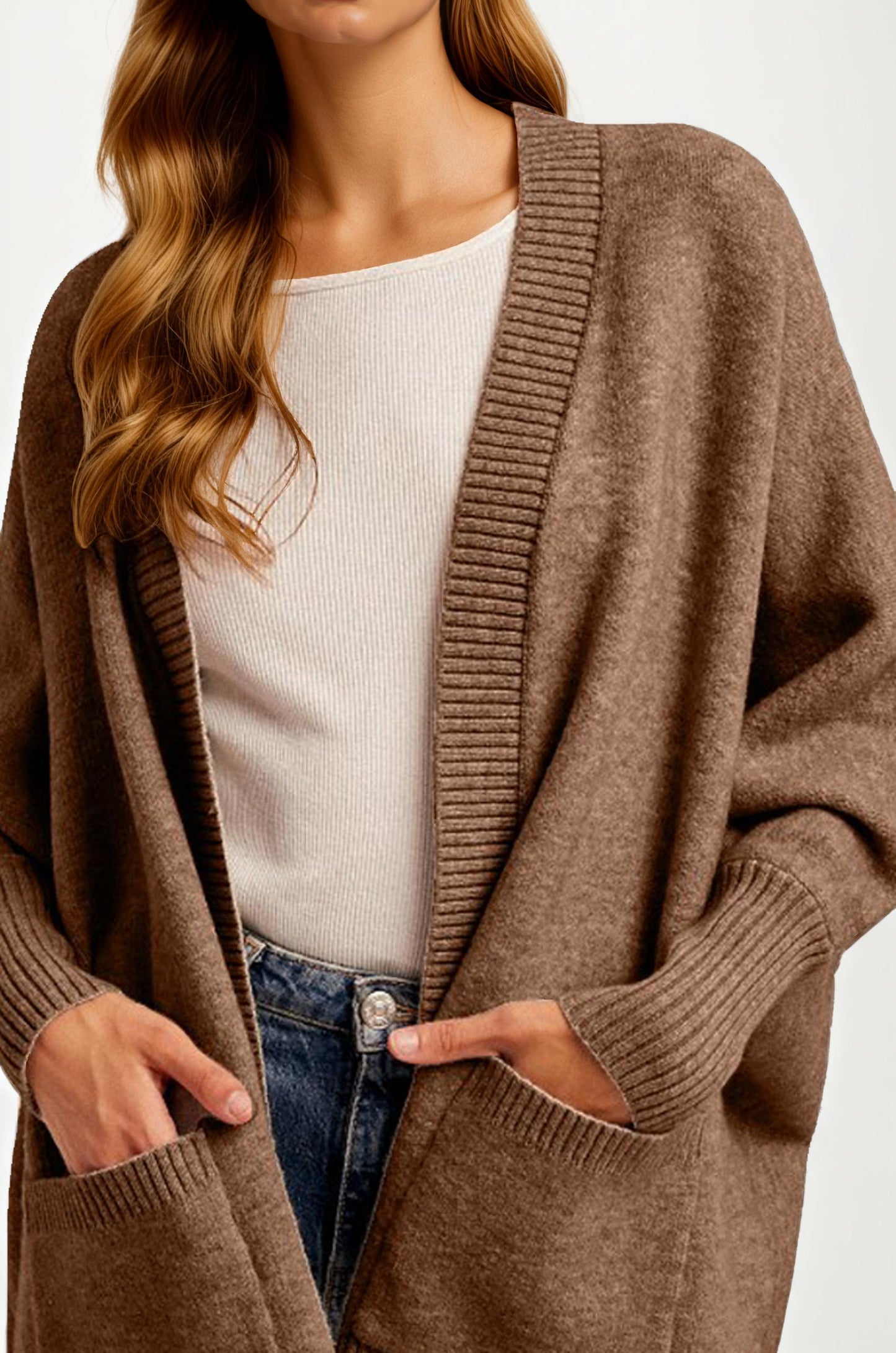 Cozy Open Front Cardigan with Ribbed Trim and Patch Pockets