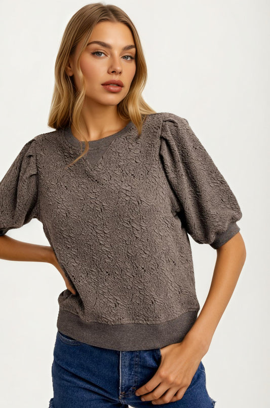 Textured Puff Sleeve Knit Top with Modern Crew Neckline