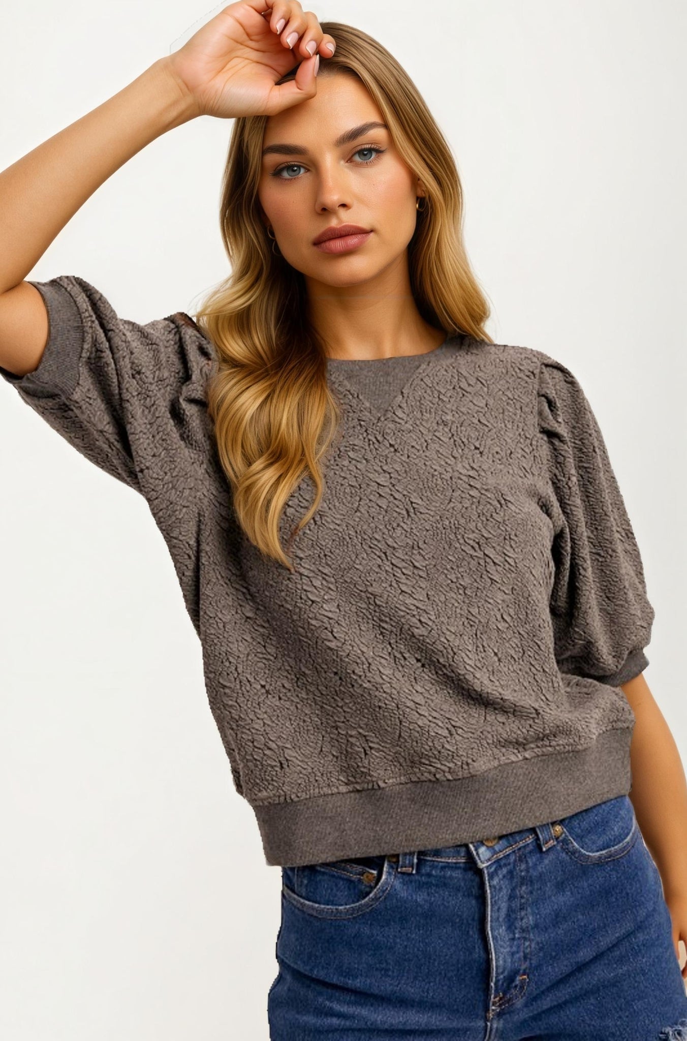 Textured Puff Sleeve Knit Top with Modern Crew Neckline