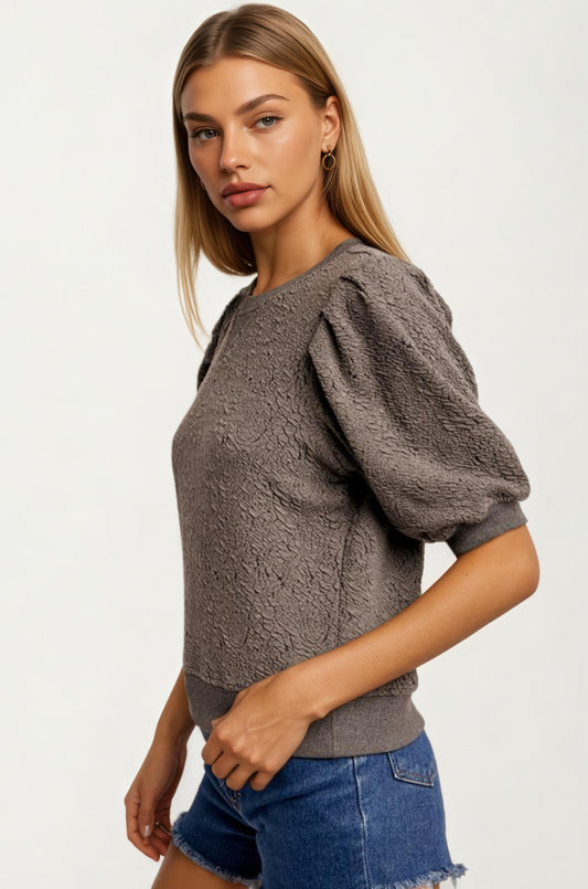Textured Puff Sleeve Knit Top with Modern Crew Neckline