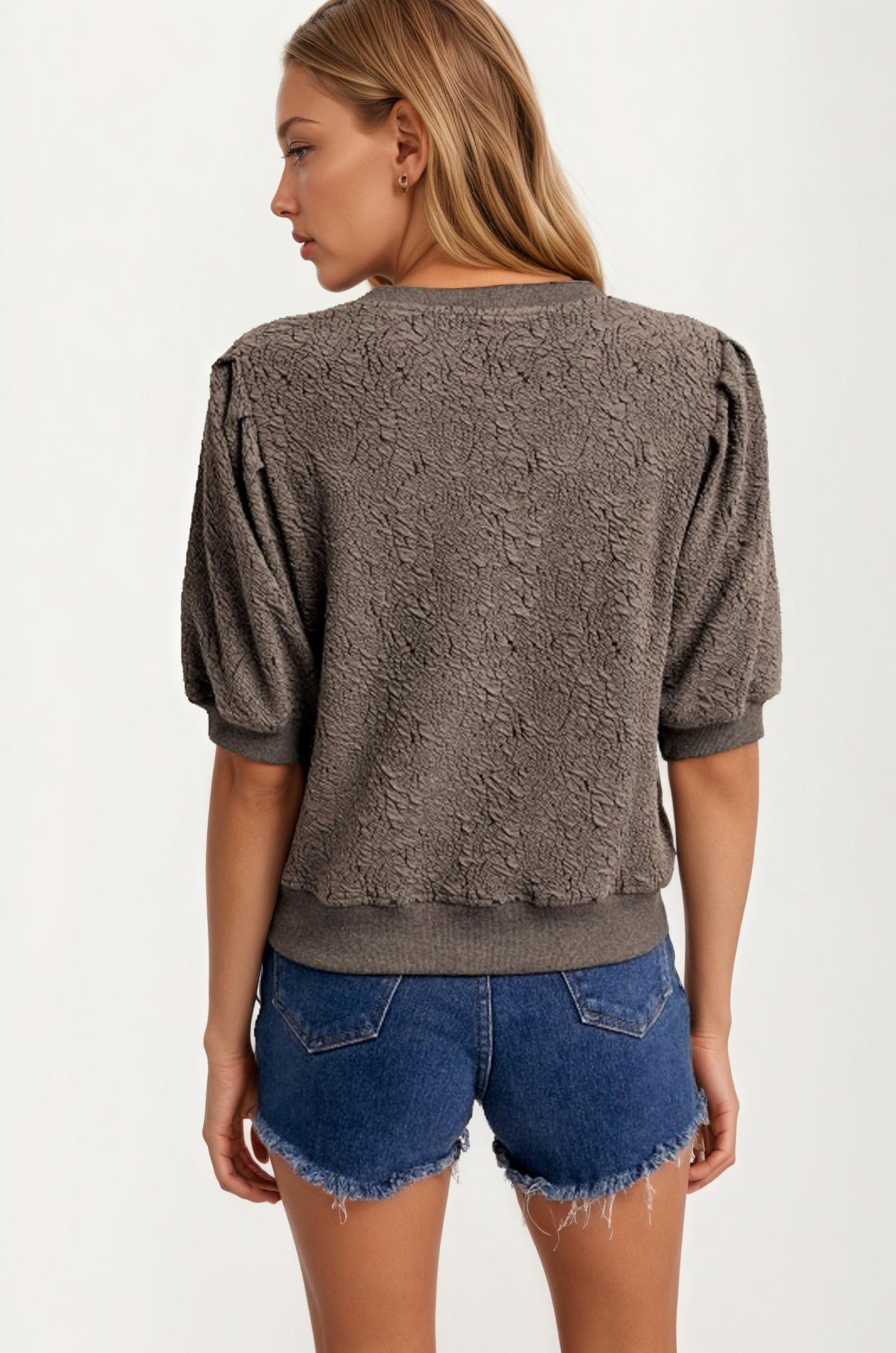 Textured Puff Sleeve Knit Top with Modern Crew Neckline
