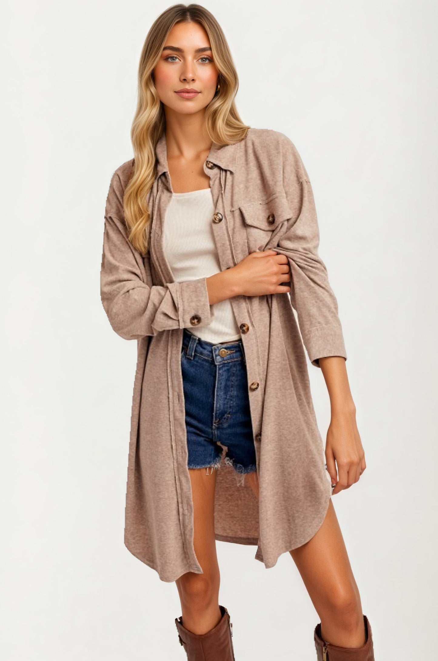 Taupe Button Down Longline Shacket with Pockets and Relaxed Fit
