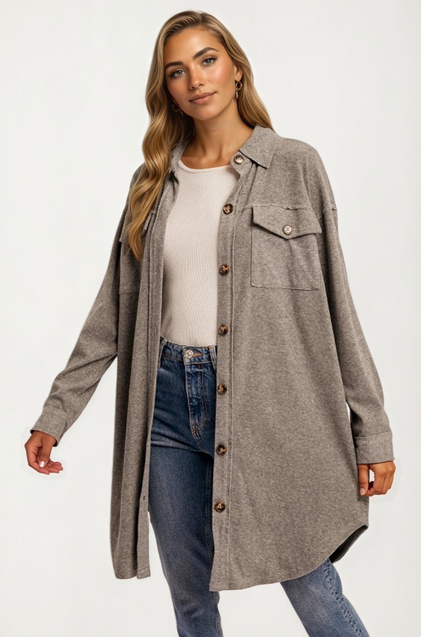Longline Button Front Knit Shacket with Chest Pockets