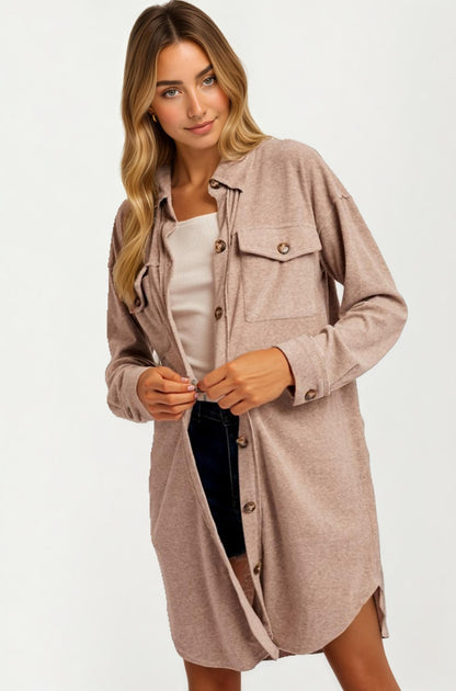 Taupe Button Down Longline Shacket with Pockets and Relaxed Fit