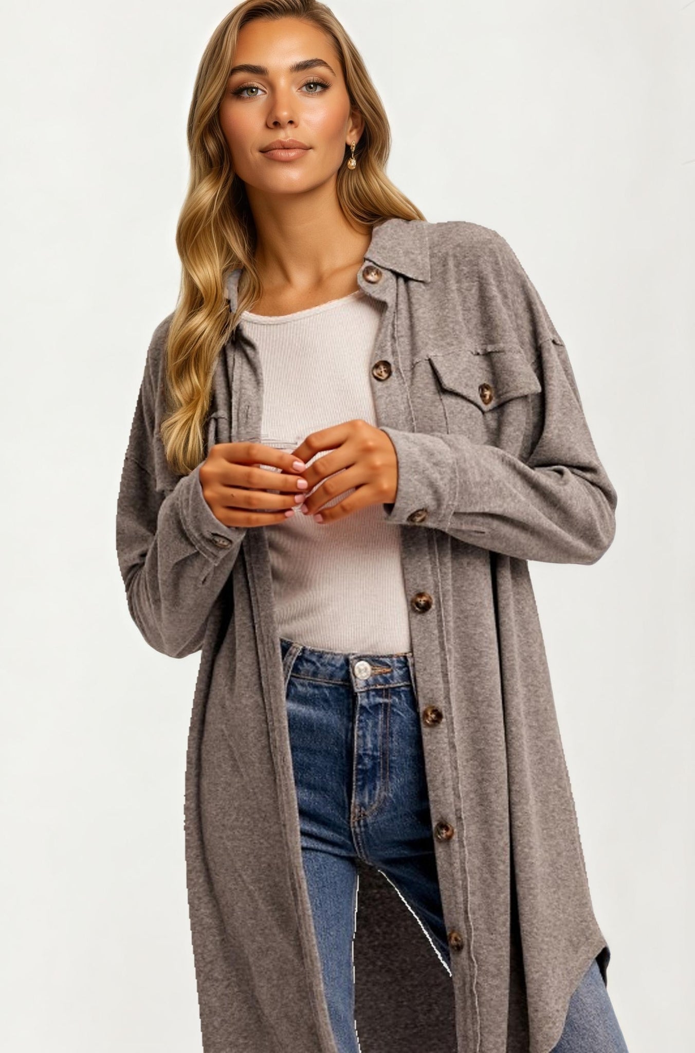 Longline Button Front Knit Shacket with Chest Pockets