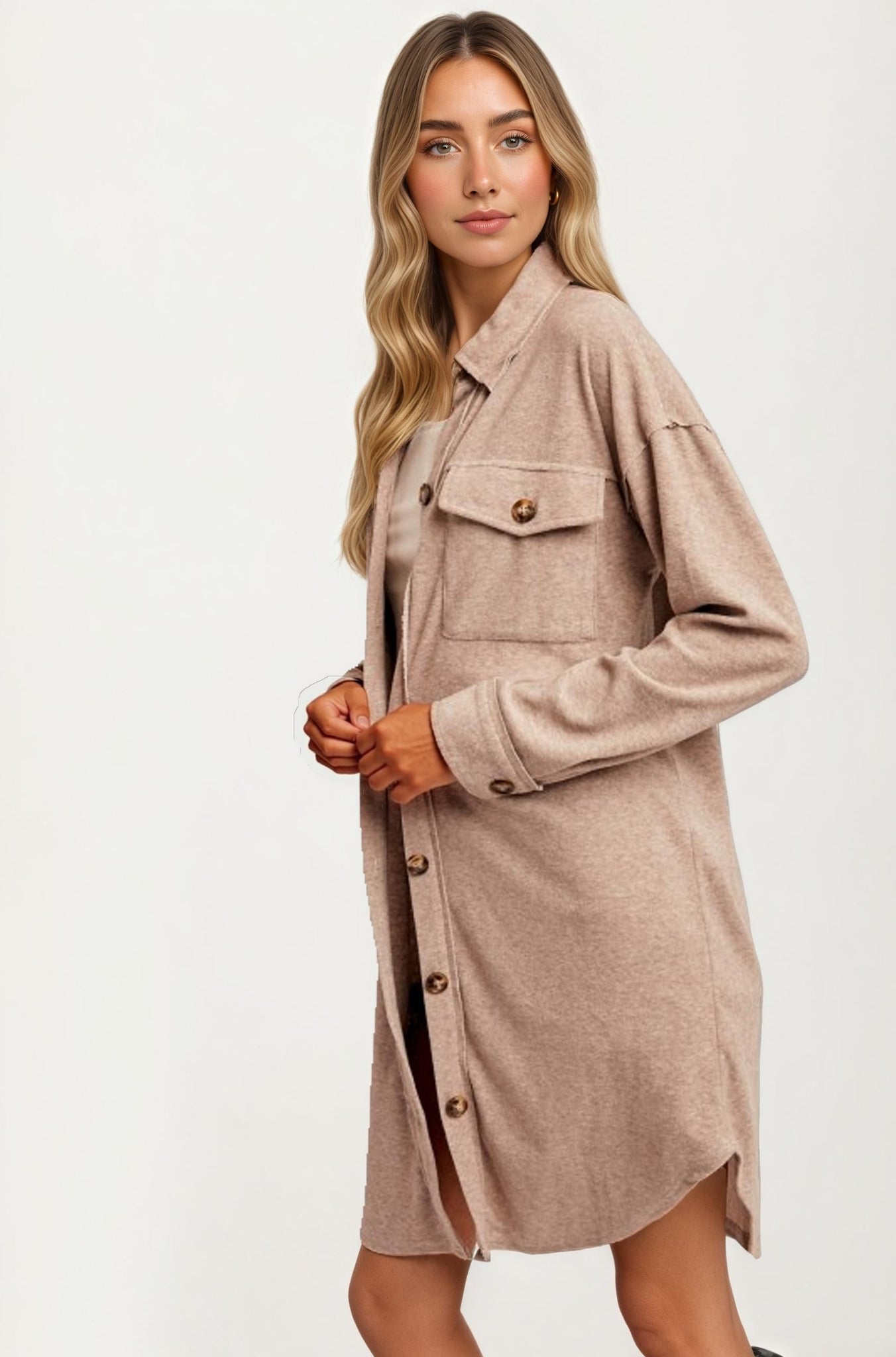 Taupe Button Down Longline Shacket with Pockets and Relaxed Fit