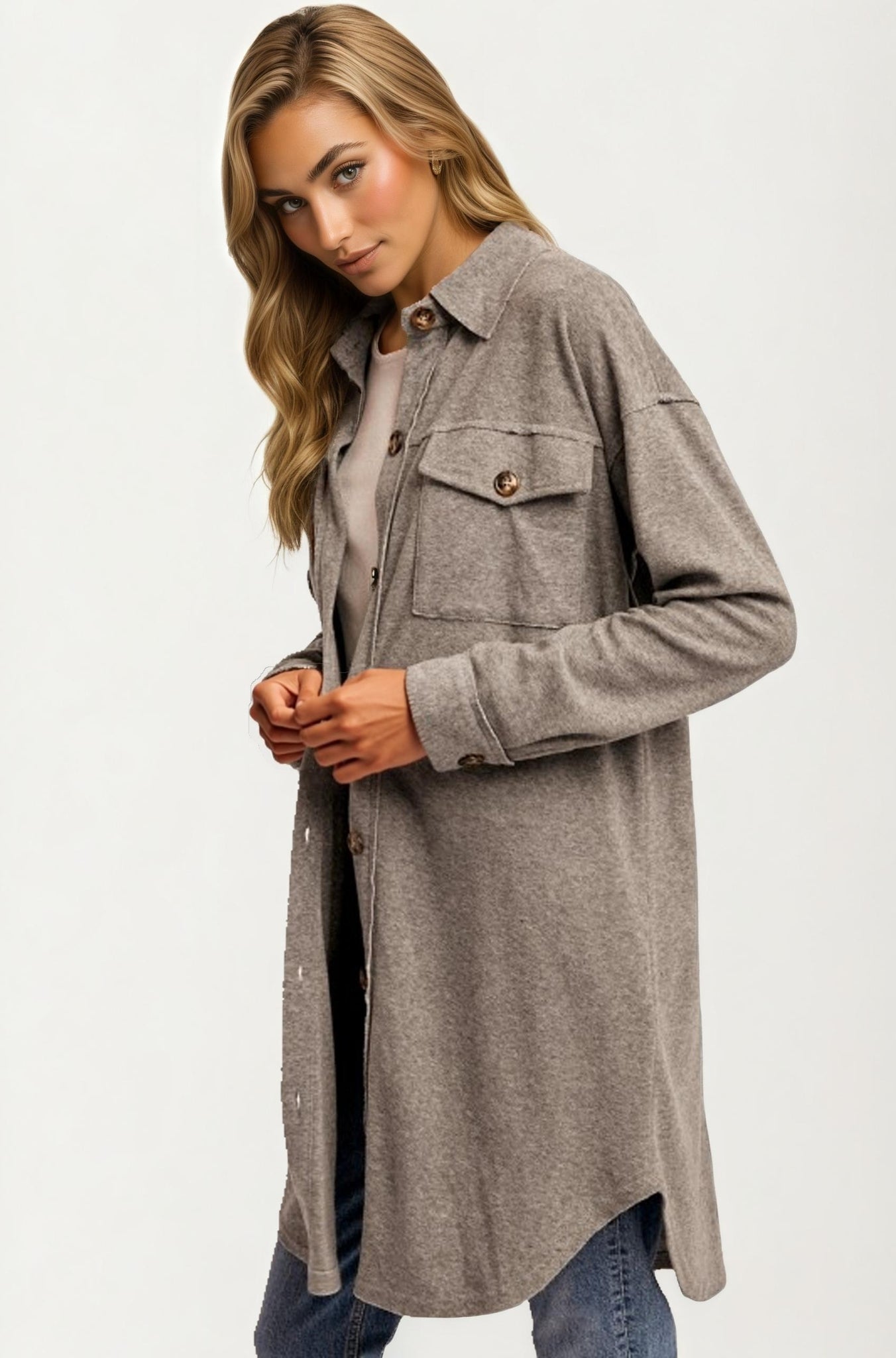 Longline Button Front Knit Shacket with Chest Pockets