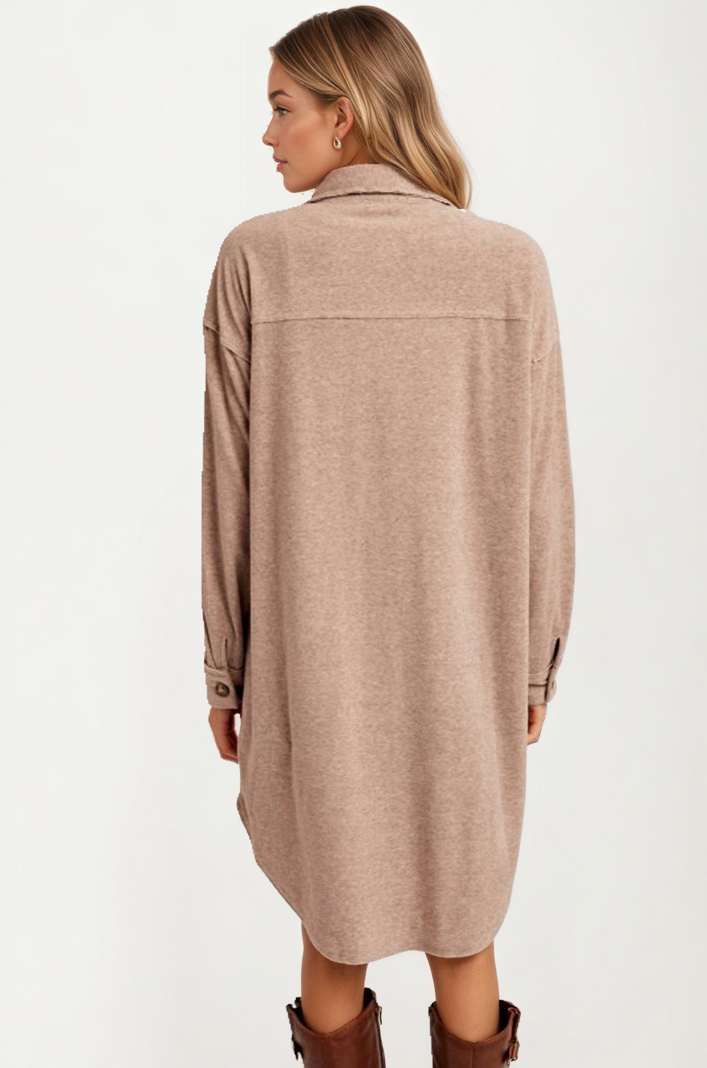 Taupe Button Down Longline Shacket with Pockets and Relaxed Fit