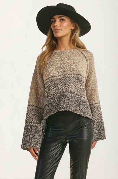 Textured Gradient Knit Pullover Sweater With Flare Sleeves