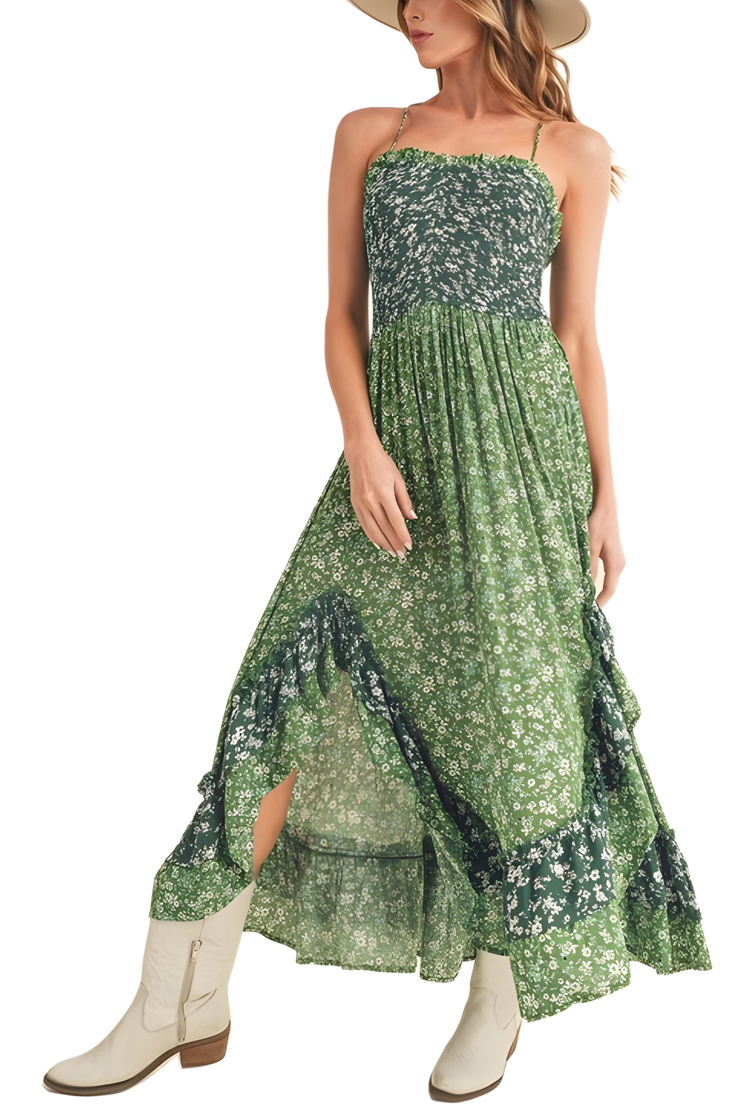 Green Floral Tiered Maxi Dress with Spaghetti Straps