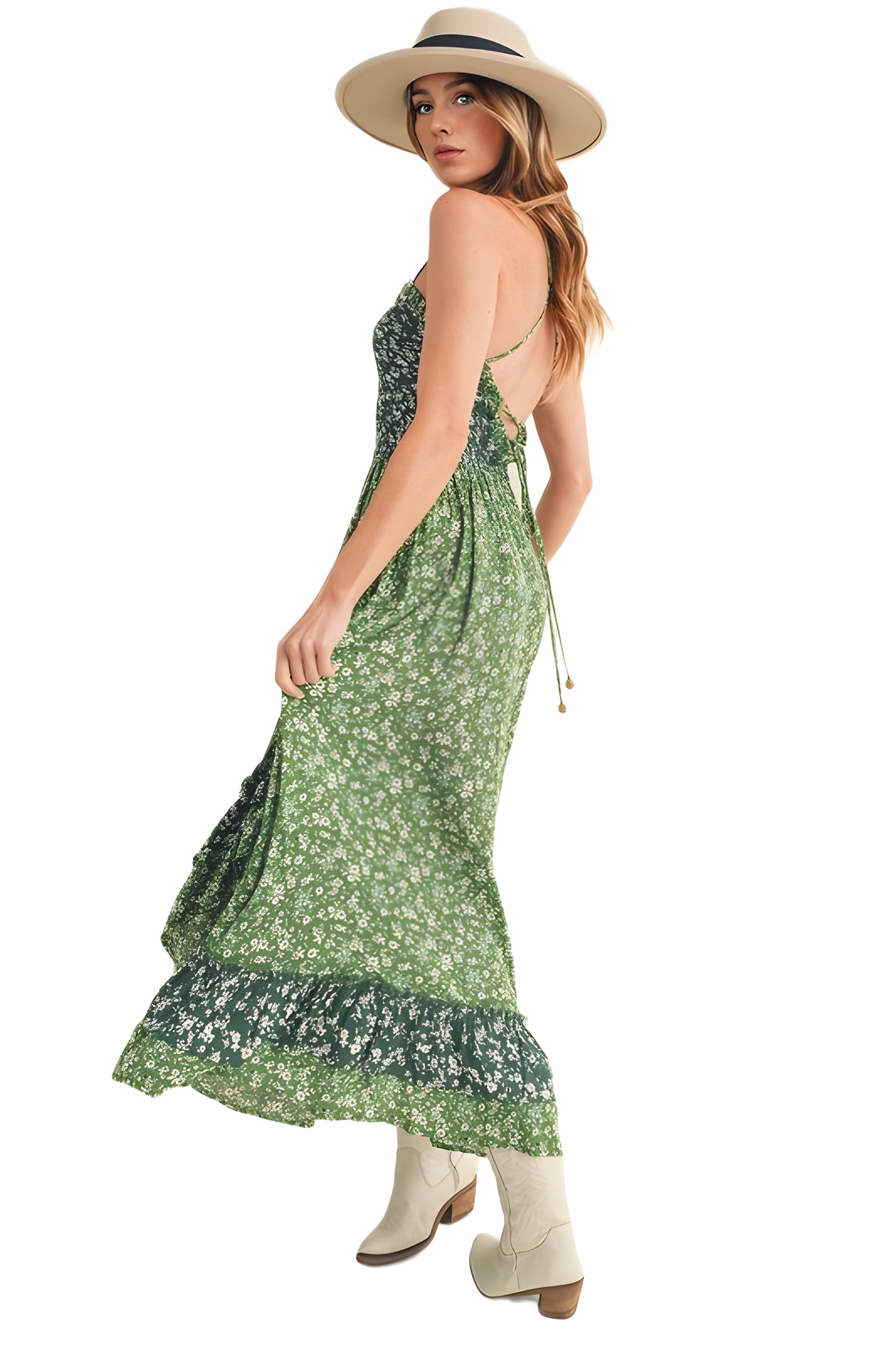 Green Floral Tiered Maxi Dress with Spaghetti Straps