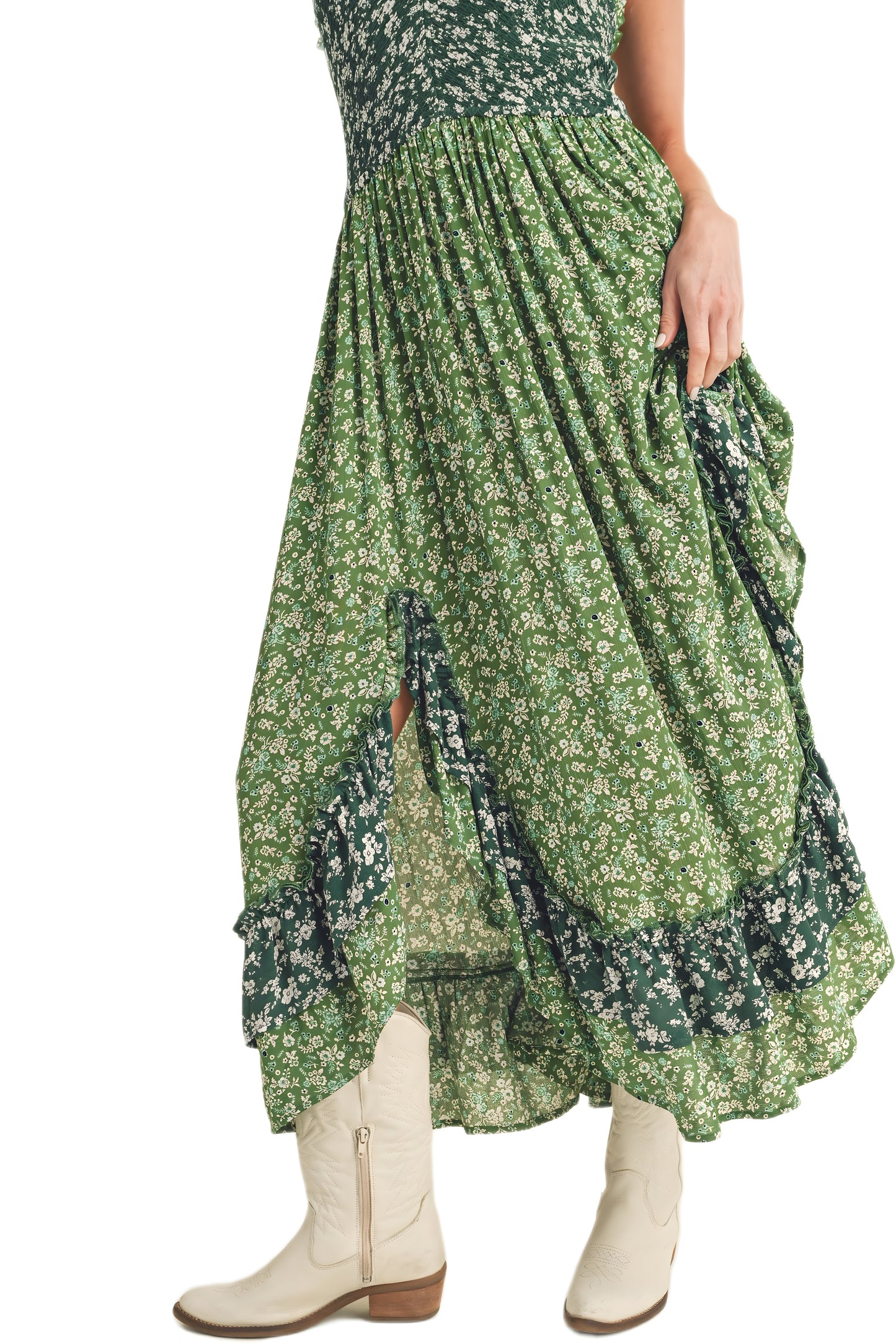 Green Floral Tiered Maxi Dress with Spaghetti Straps