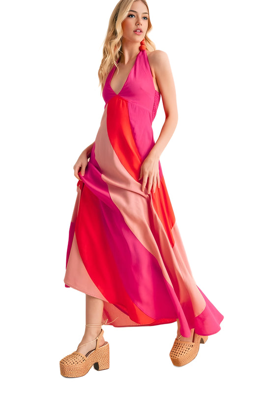 Halter Neck Colorblock Maxi Dress