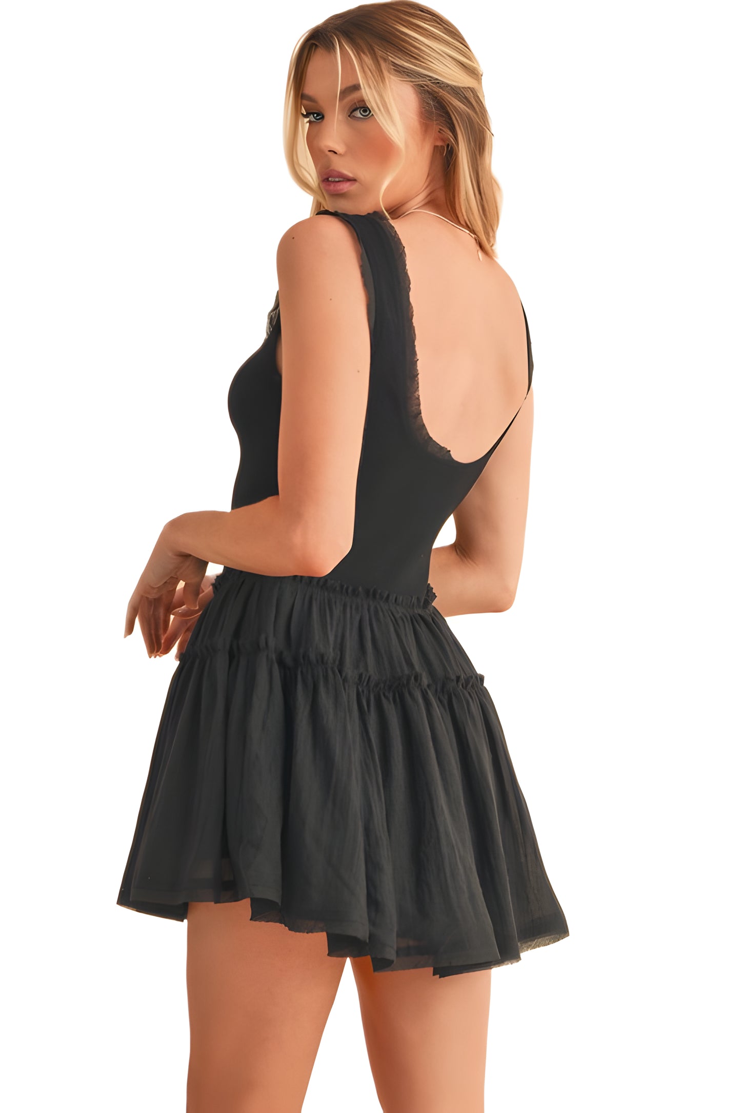Sleeveless Black Dress with Tiered Skirt and Scallop Neckline