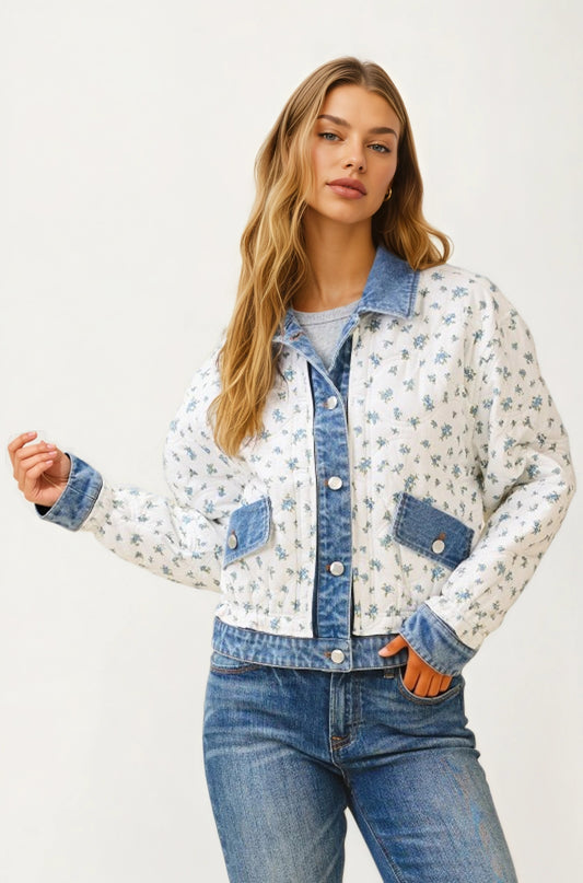 Floral Quilted Jacket with Denim Trim and Button Front