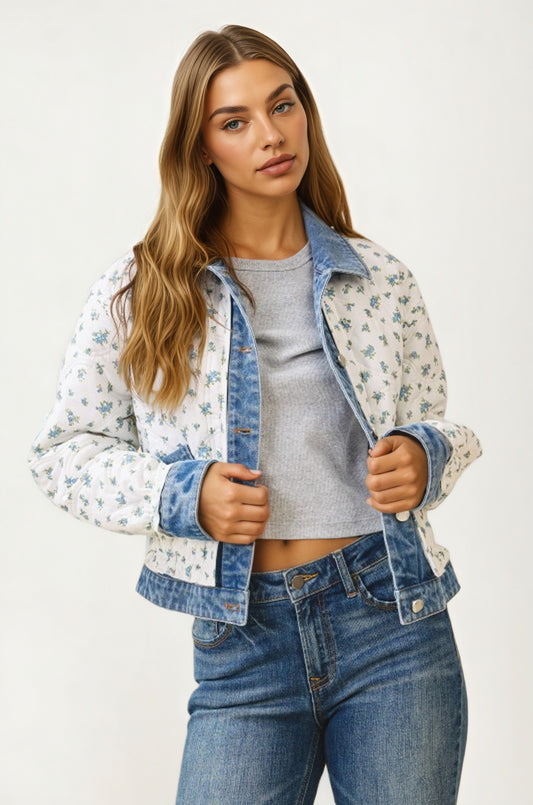 Floral Quilted Jacket with Denim Trim and Button Front