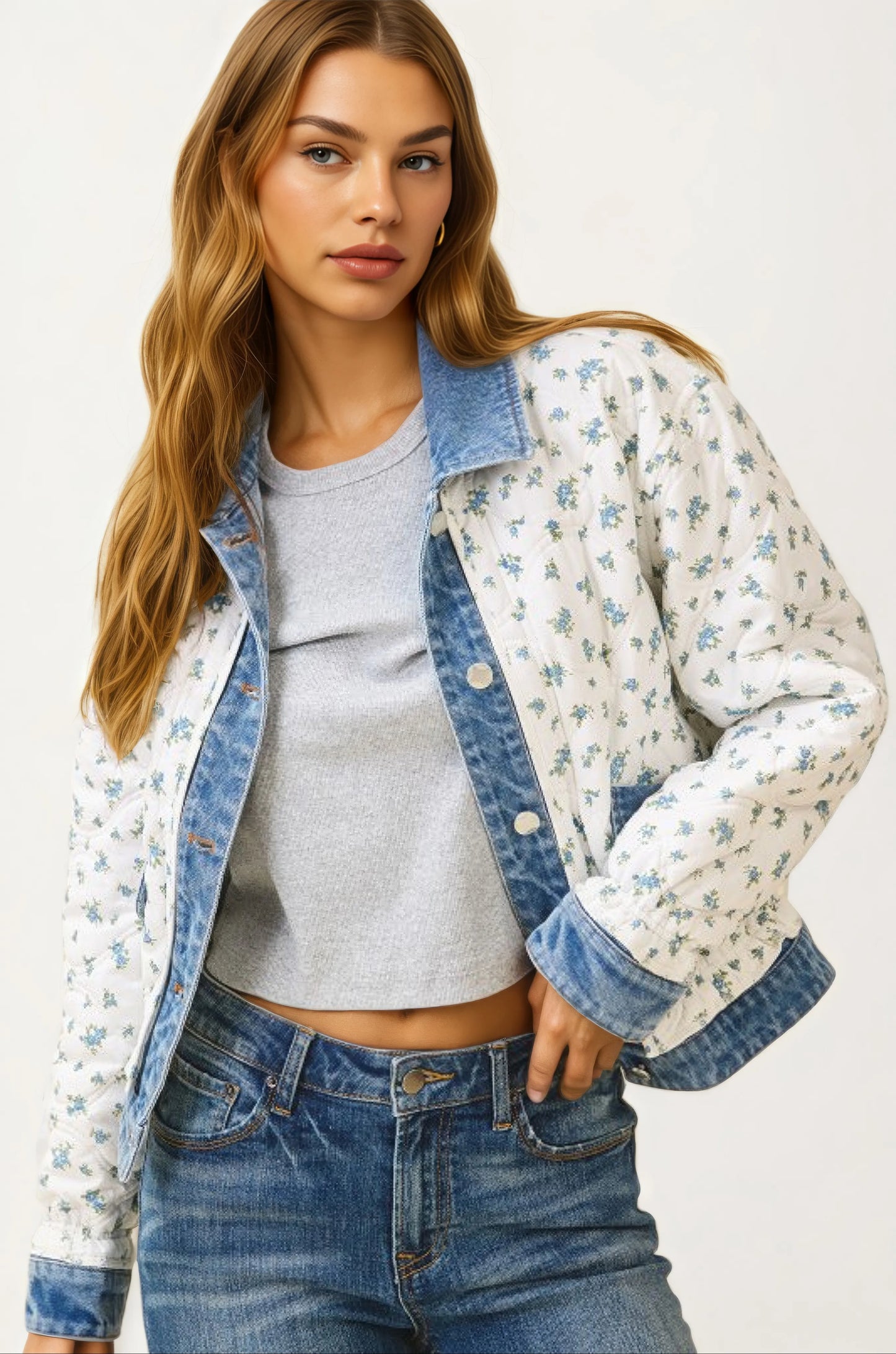 Floral Quilted Jacket with Denim Trim and Button Front
