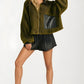 Faux Leather Trim Textured Zip-Up Jacket With Pocket Detail