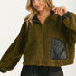 Faux Leather Trim Textured Zip-Up Jacket With Pocket Detail