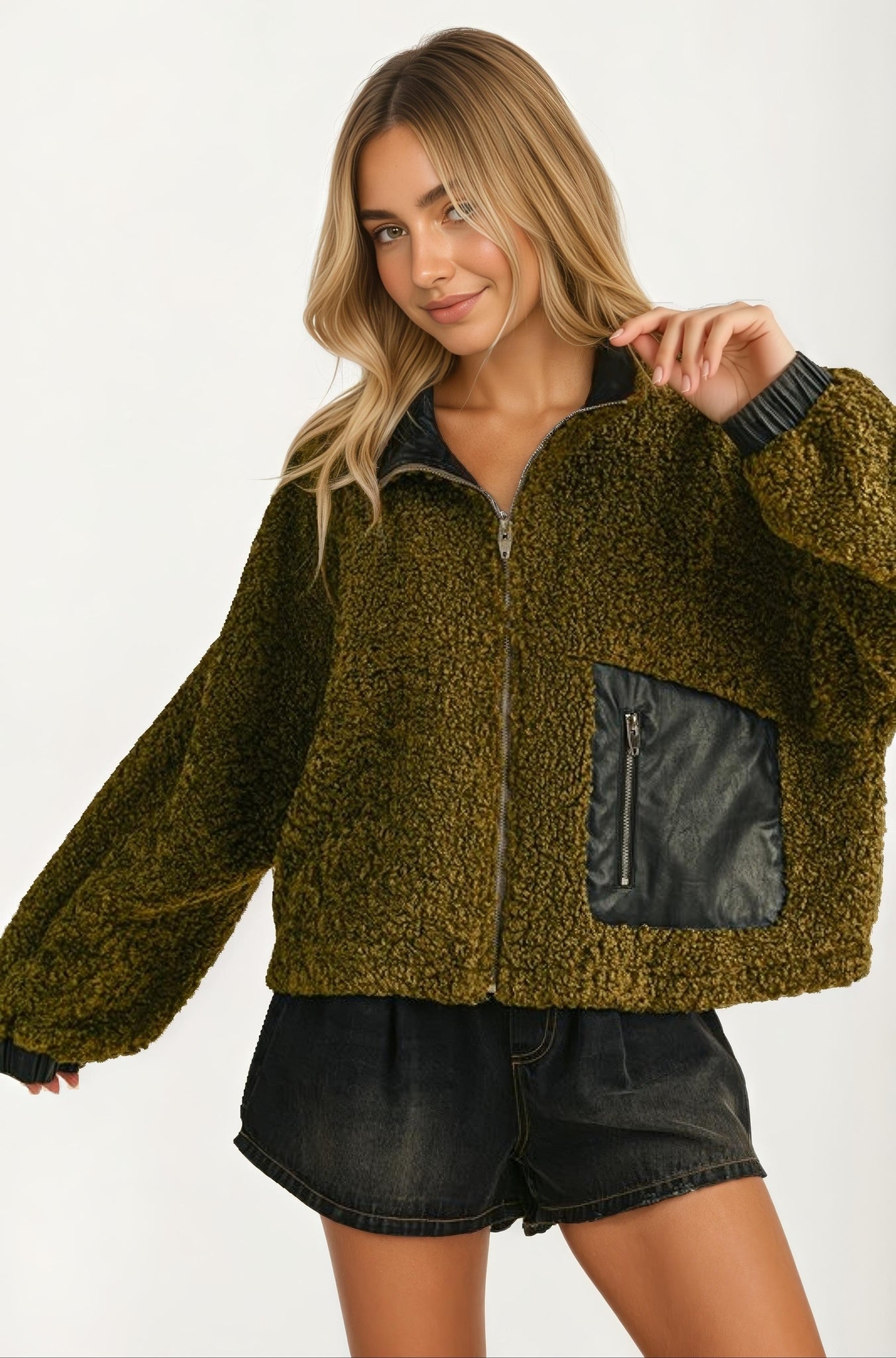Faux Leather Trim Textured Zip-Up Jacket With Pocket Detail