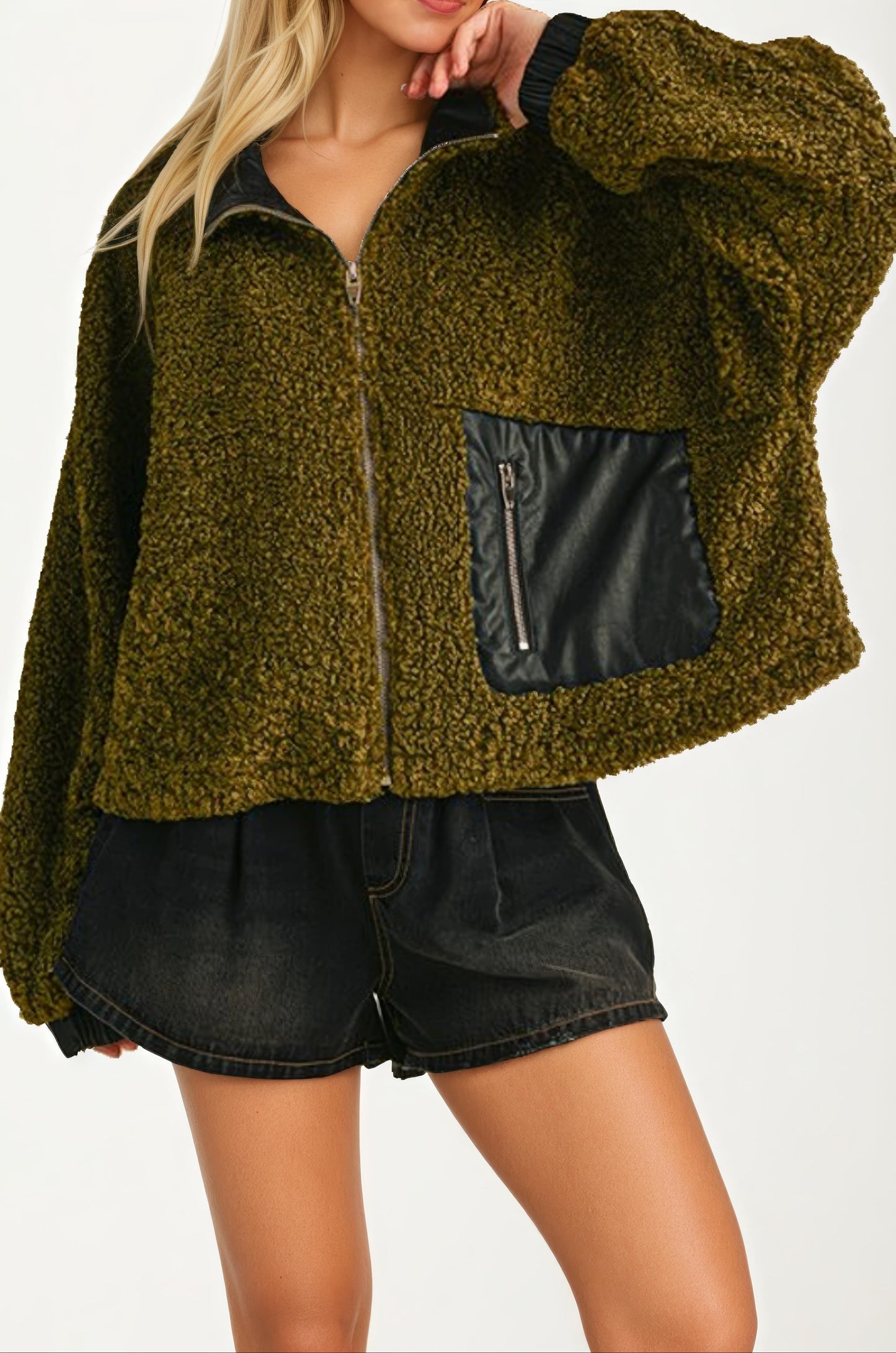 Faux Leather Trim Textured Zip-Up Jacket With Pocket Detail