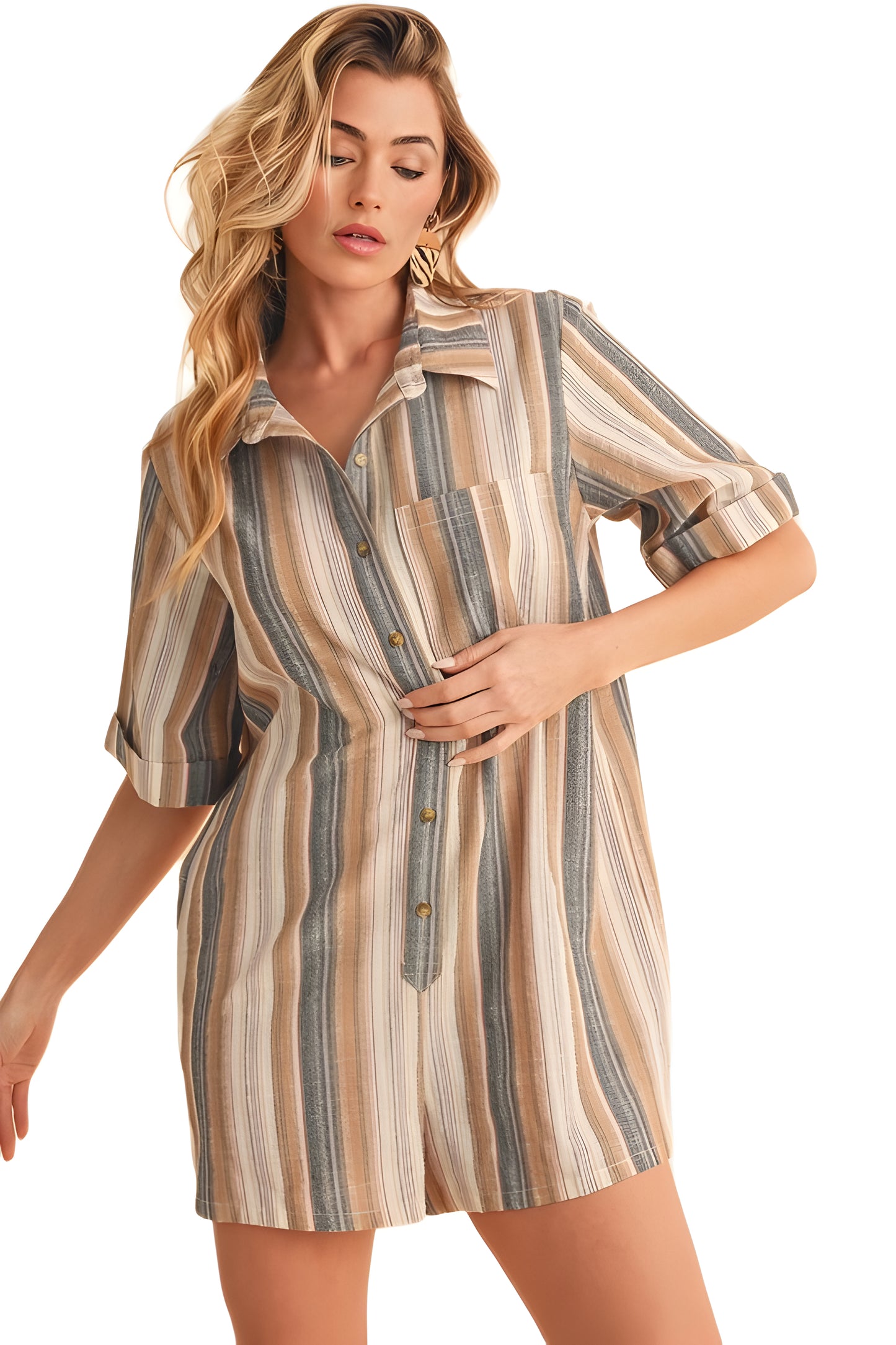 Neutral Striped Short Sleeve Button-Down Tunic