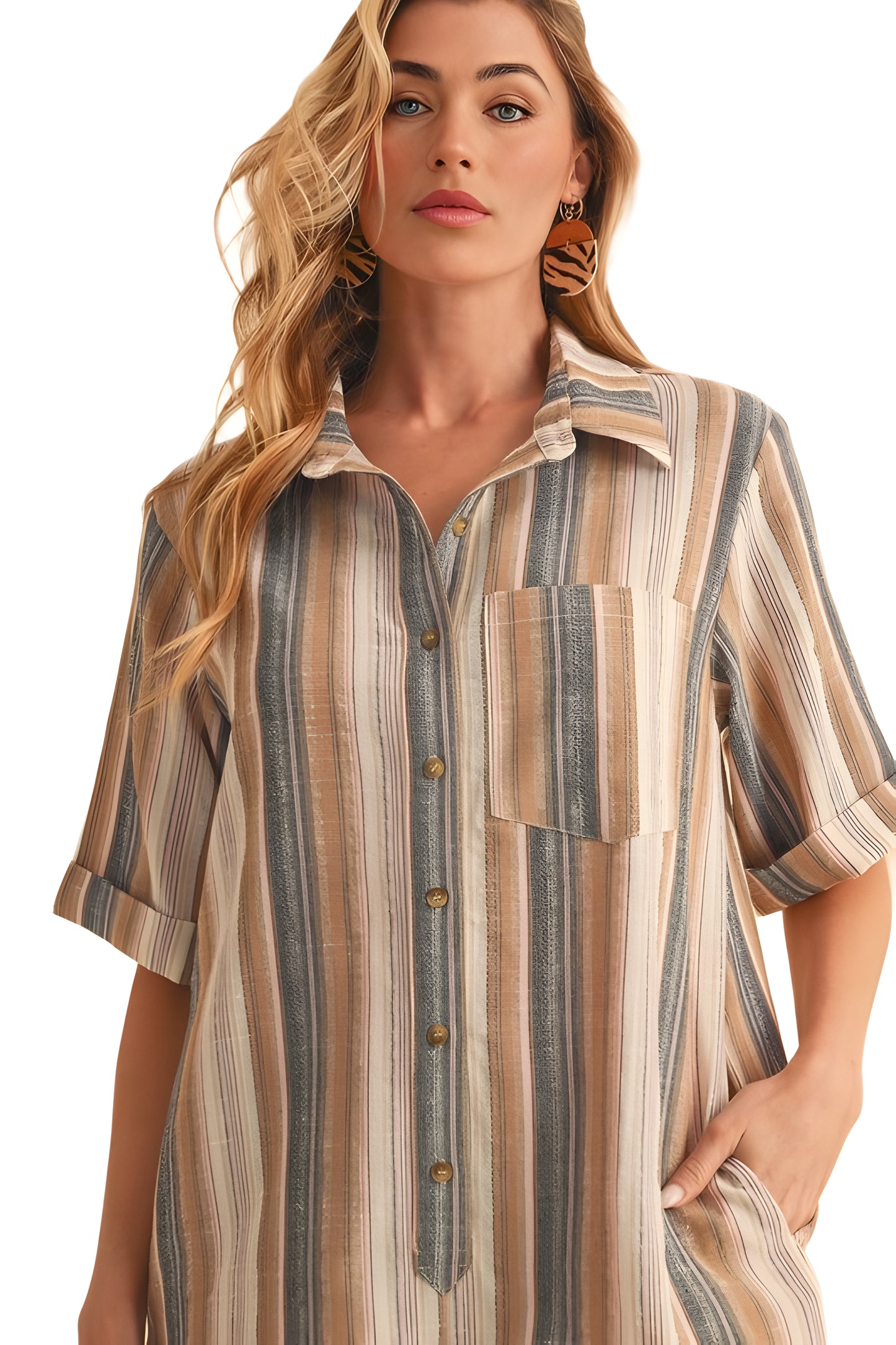 Neutral Striped Short Sleeve Button-Down Tunic