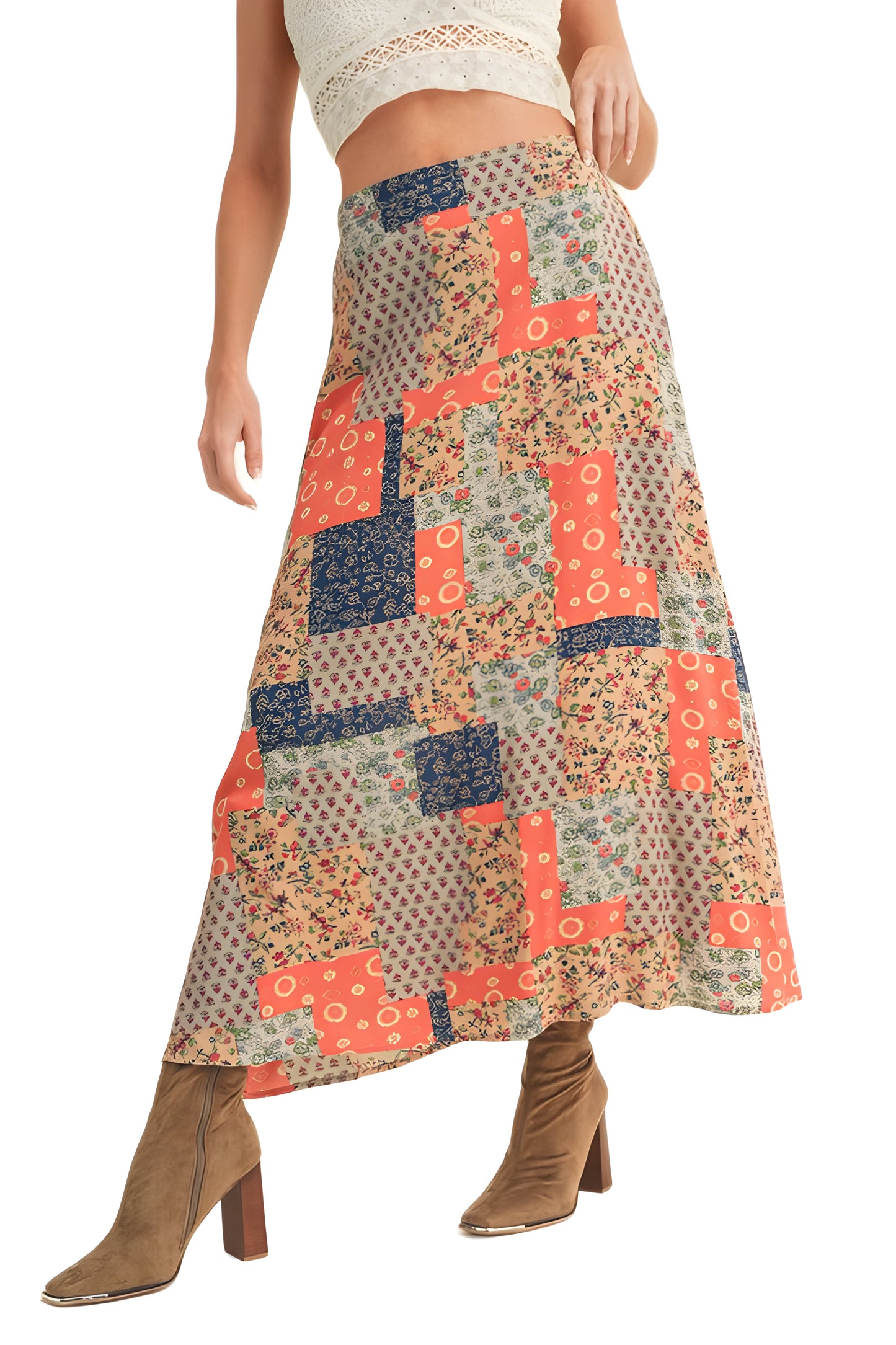 Patchwork Print A-Line Maxi Skirt