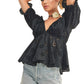 Black Eyelet Peplum Top with Deep V-Neckline