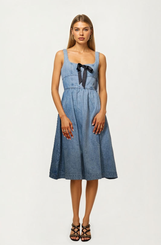 Denim Midi Dress with Square Neckline and Contrast Bow Detail